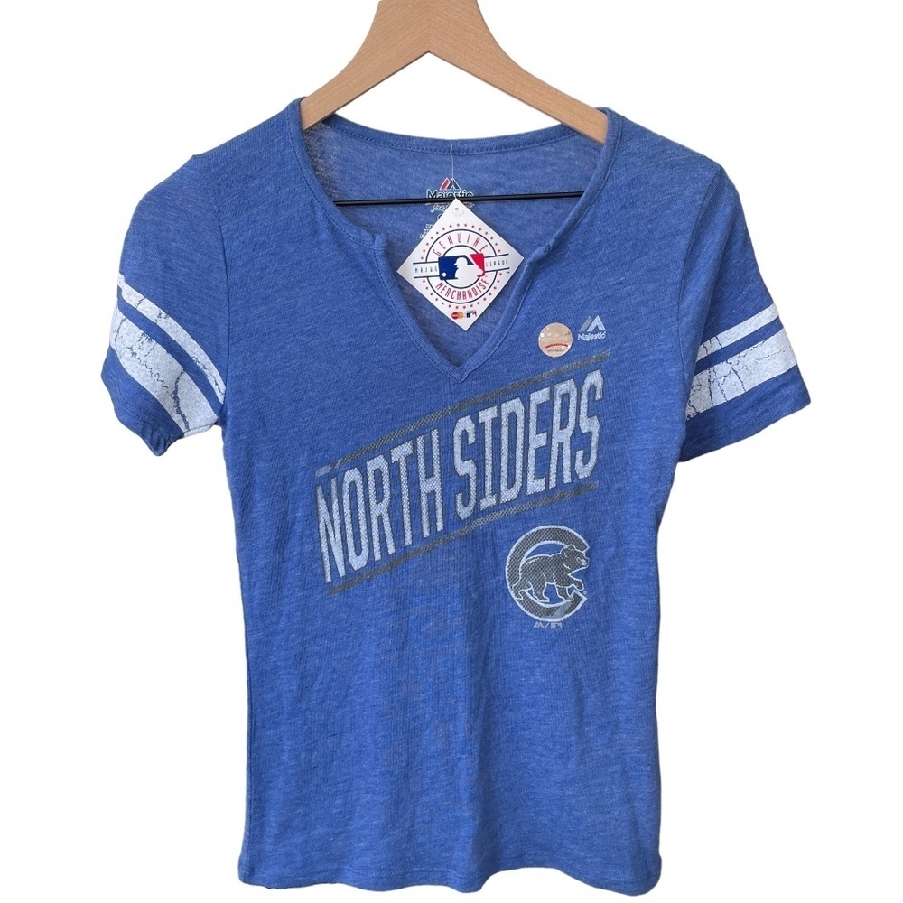 NWT Majestic Women’s Cubs Short Sleeve Shirt Blue White T-Shirt New Stretchy S